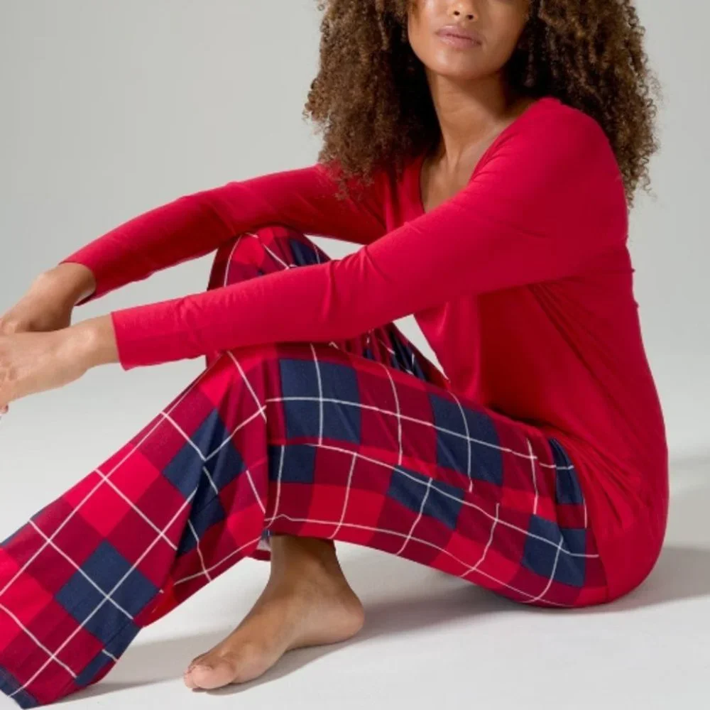 NWT Soma COOL NIGHTS Long Sleeve Pj Set - Color -BLANKET PLAID NAVY - Size L - Picture 2 of 11